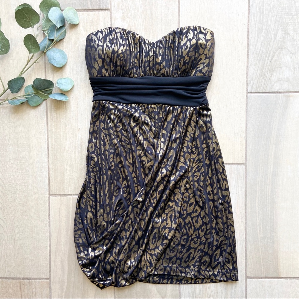Speeckless Strapless Dress Animal Print Black Gold